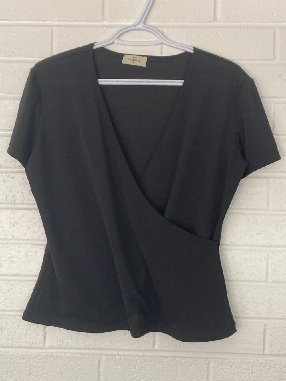 Femme de Carrière Black Faux Wrap Short Sleeve Top Size 44 (US Large) - Picture 2 of 9